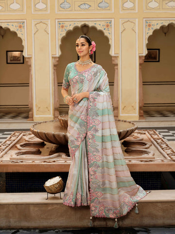 Multi Color Pure Viscose Embroidered HandWork C-Pallu Saree with Pink Silk Blouse - 7812